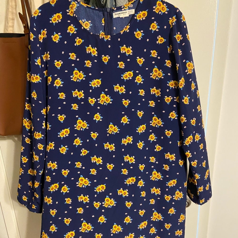 Sunflower Print Long Sleeve Minidress in PETITE